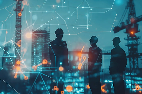 Silhouettes of construction workers with a digital network overlay, representing the integration of technology in construction industry accounting