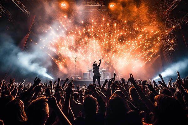 An electrifying concert scene with a performer on stage and a crowd cheering, symbolizing the complexities of entertainment industry accounting in live event management