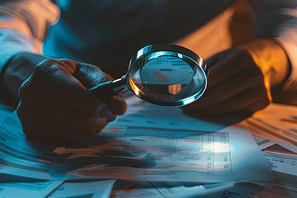 A person examining financial documents with a magnifying glass, symbolizing forensic accounting