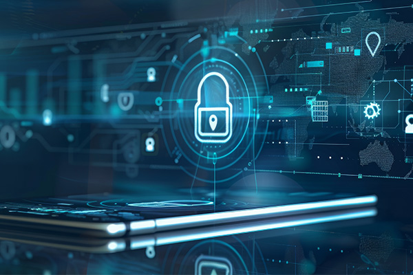 Holographic display of a smartphone with a digital lock symbol, representing HITRUST compliance and data security.
