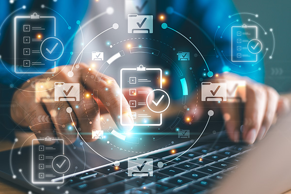 Conceptual image of IT compliance services with virtual checklists and verification symbols in a tech setting