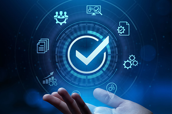 Visual representation of internal audit reports featuring a checkmark surrounded by digital icons and a hand reaching out
