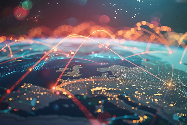 Graphical representation of international tax services with a globe and financial charts