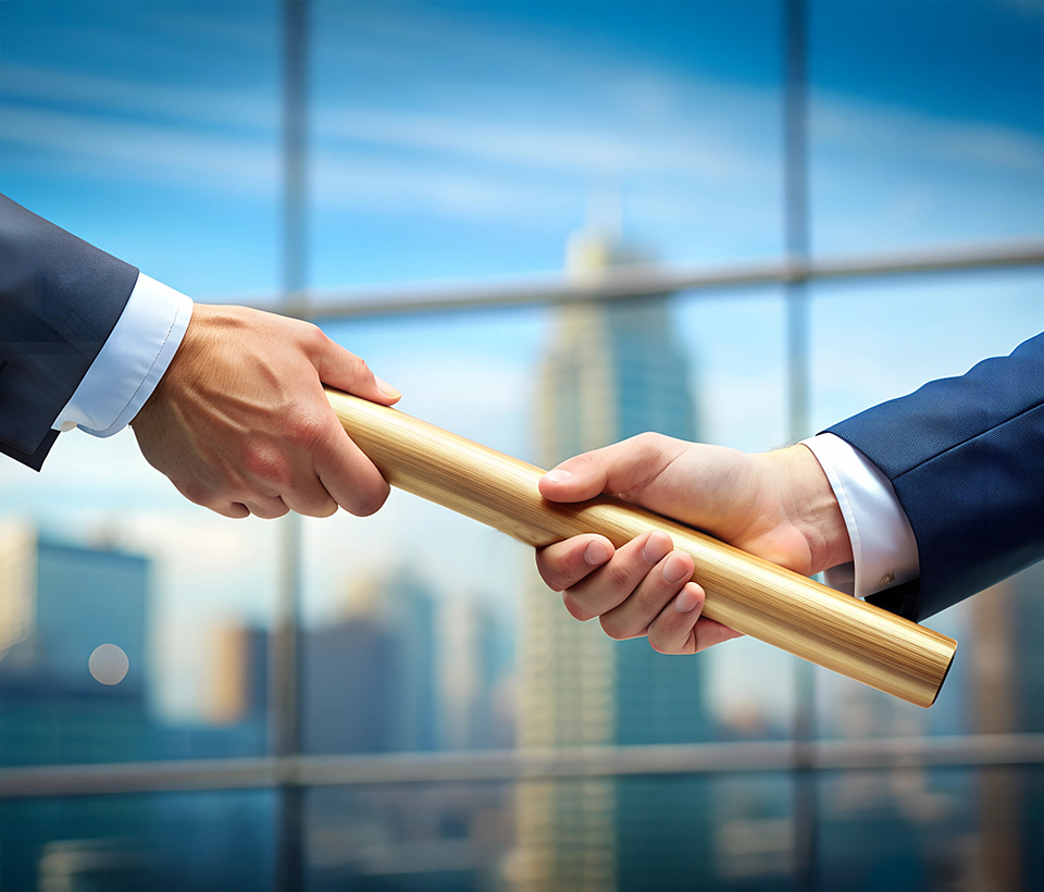 Business succession planning depicted by the handing over of a baton, with an urban office view in the background