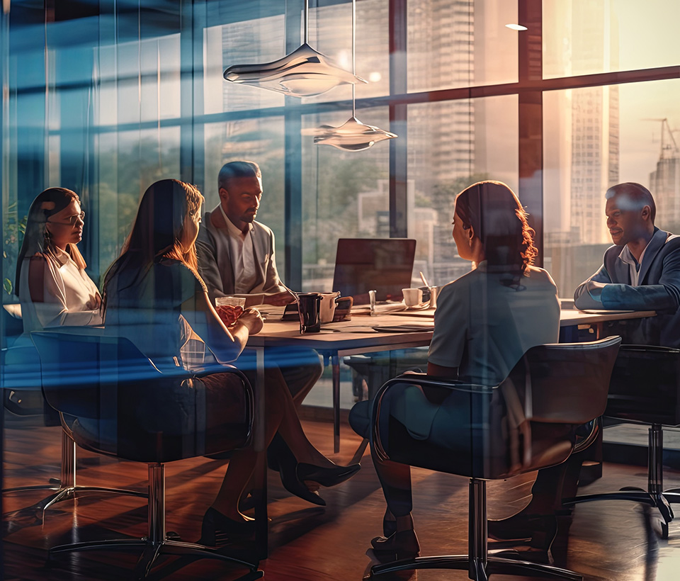 Corporate professionals collaborating on transaction advisory strategies during a boardroom meeting