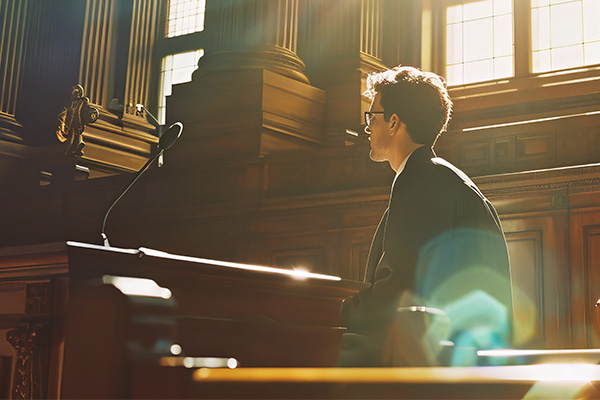 A professional in a courtroom setting representing litigation support firms