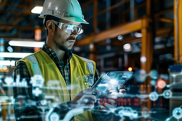 Worker using a digital tablet in a warehouse setting representing accounting for manufacturing and distribution companies.
