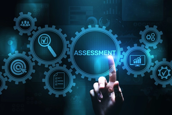 A digital illustration depicting the concept of assessment with interconnected gears and icons, symbolizing the AICPA national peer review committee process.