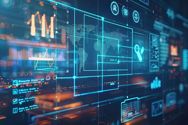 Digital interface representing common cybersecurity frameworks and standards with data charts and security icons