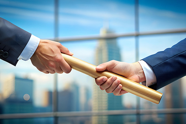 Business succession planning depicted by the handing over of a baton, with an urban office view in the background