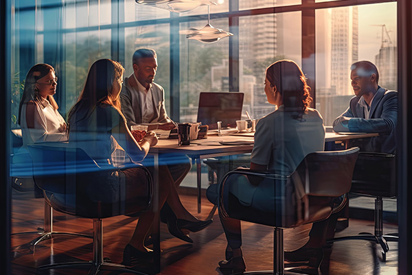 Corporate professionals collaborating on transaction advisory strategies during a boardroom meeting